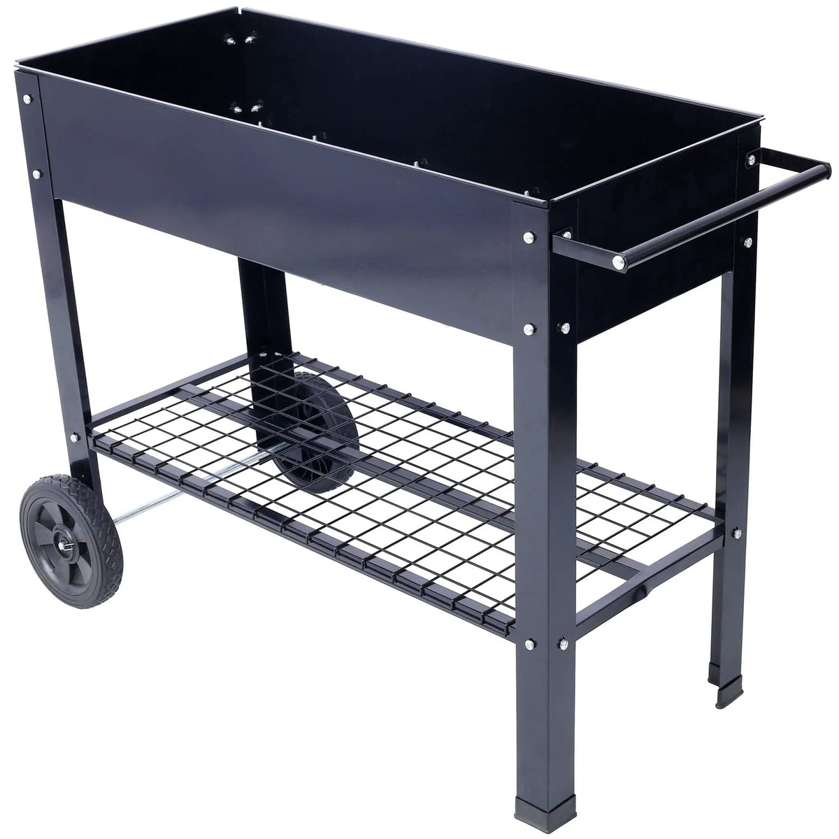 Raised Metal Planter | Wheeled Base | Storage Shelf | Black