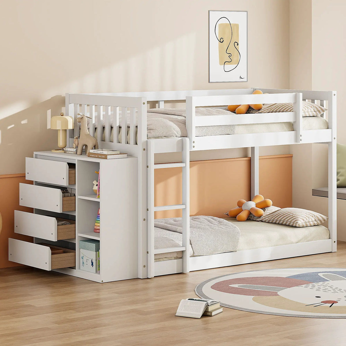 Bunk Bed | Solid Pine Frame | Four Drawers And Three Shelves | Full Size