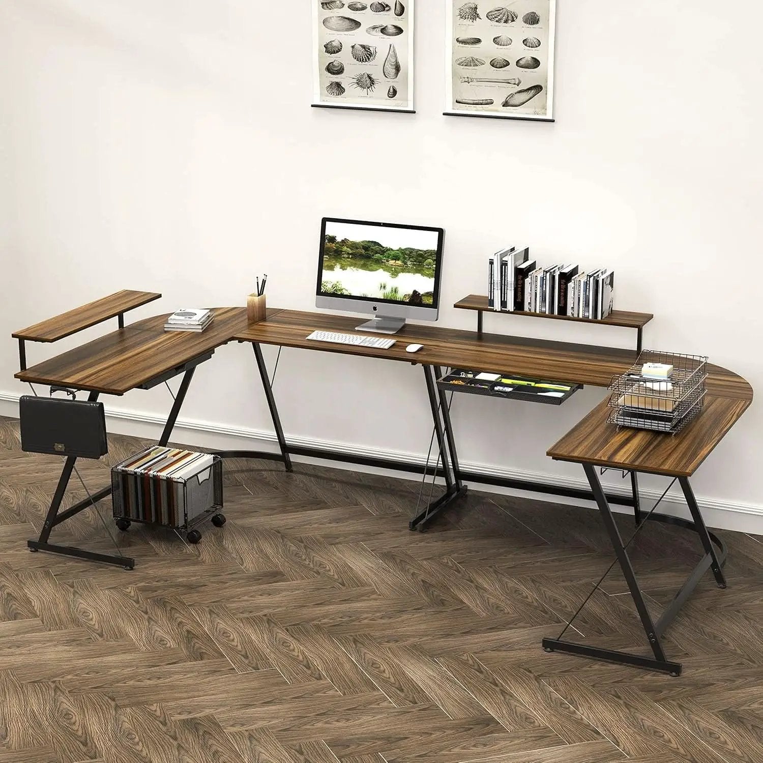 Vista L Shape Desk With Monitor Stand Walnut Finish from PriceLows™