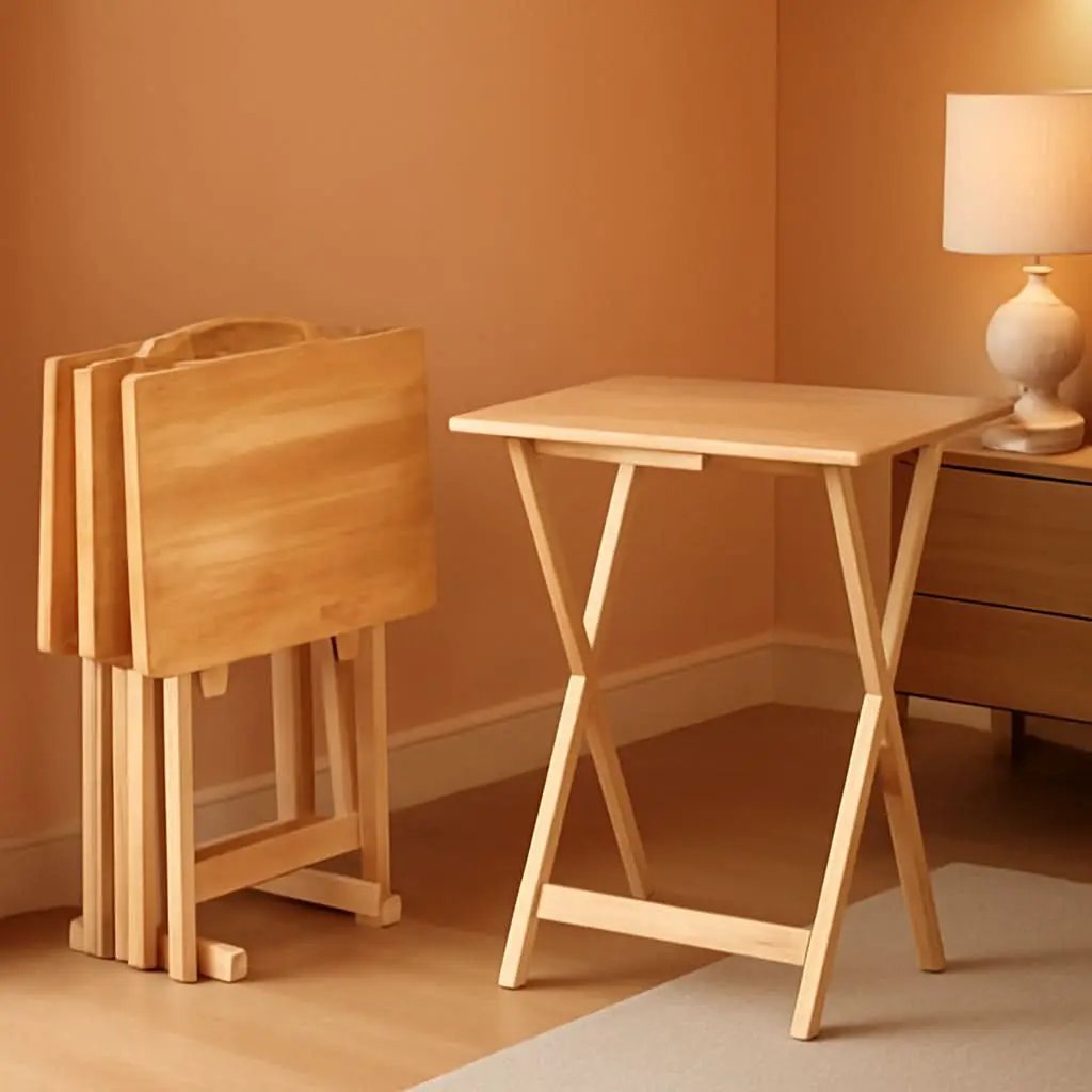 TV Dinner Tray Table Set of 4 With Storage Rack Natural from PriceLows™