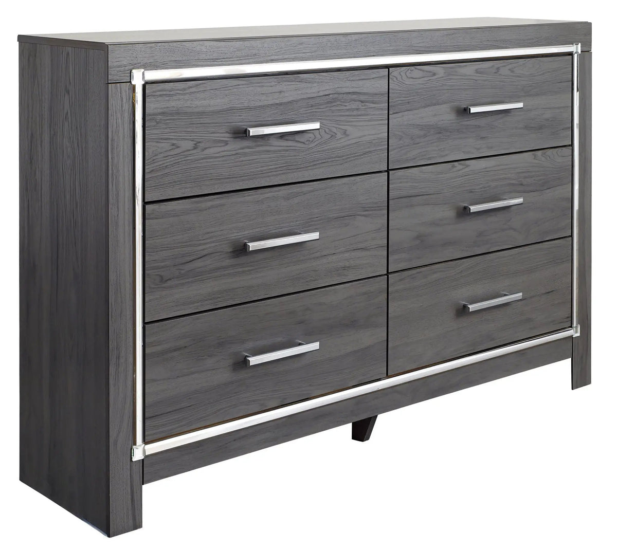 Lodanna Panel Bedroom Set | 4-Piece | Modern Wood-Grain Finish | Faceted Chrome Details