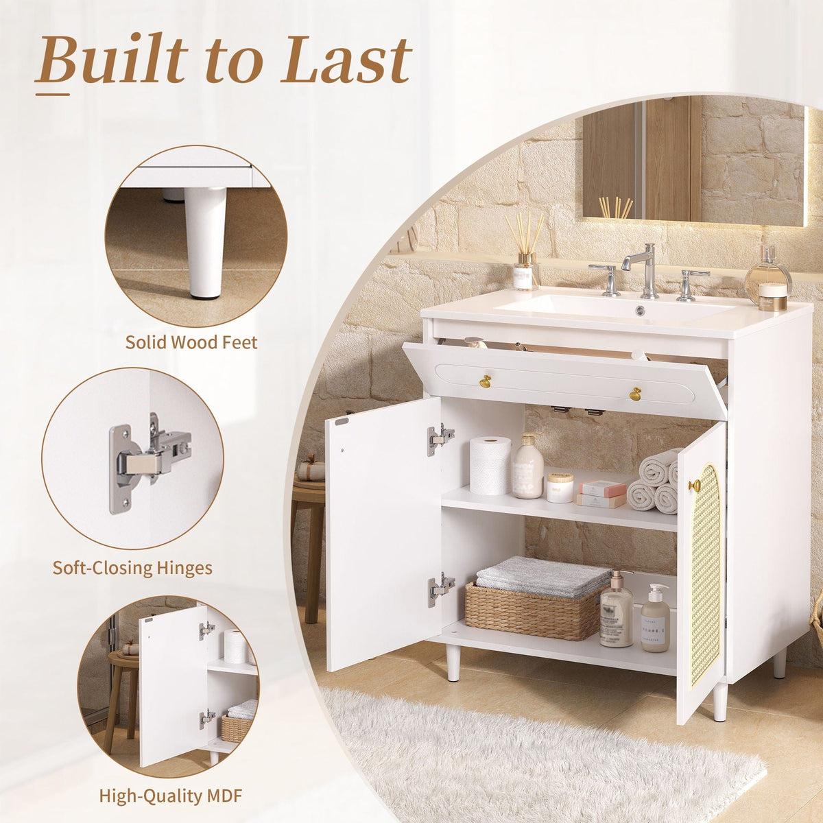 Modern Bathroom Vanity With Sink, Cabinet With Adjustable Shelf | 30 x 18.3 x 34 in | Solid Wood & Rattan | Bathroom