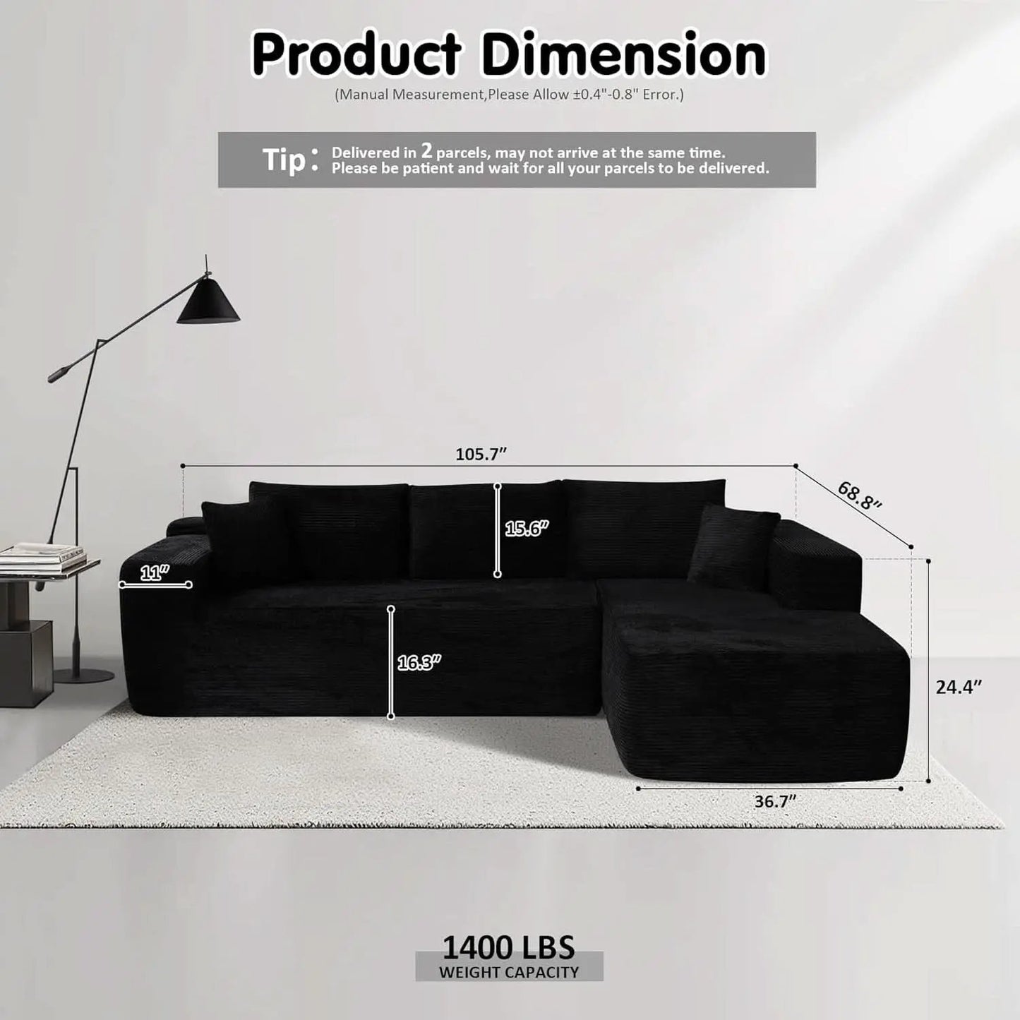 104 Inch Black Corduroy L Shaped Sectional Sofa Deep Set Upholstered Modular Couch No Assembly from PriceLows™