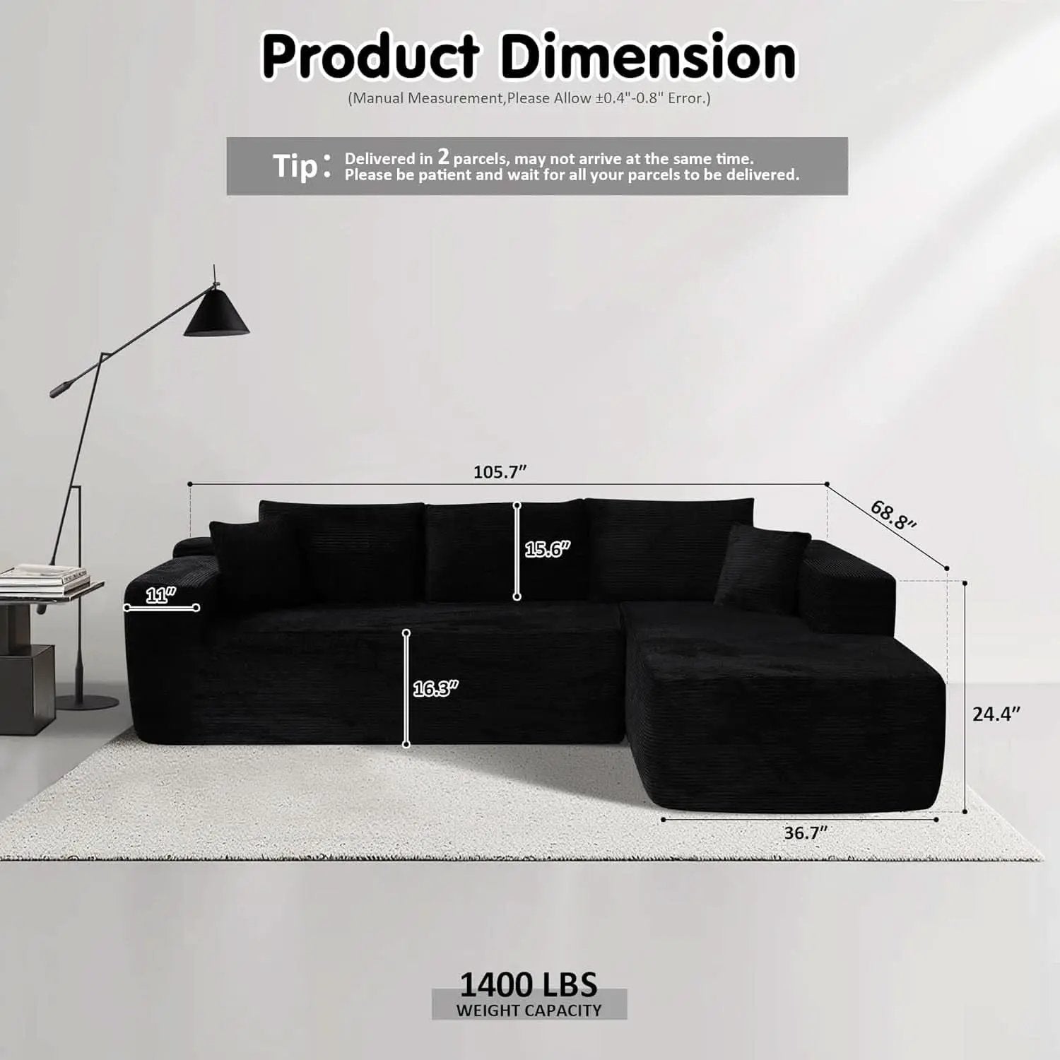 104 Inch Black Corduroy L Shaped Sectional Sofa Deep Set Upholstered Modular Couch No Assembly from PriceLows™