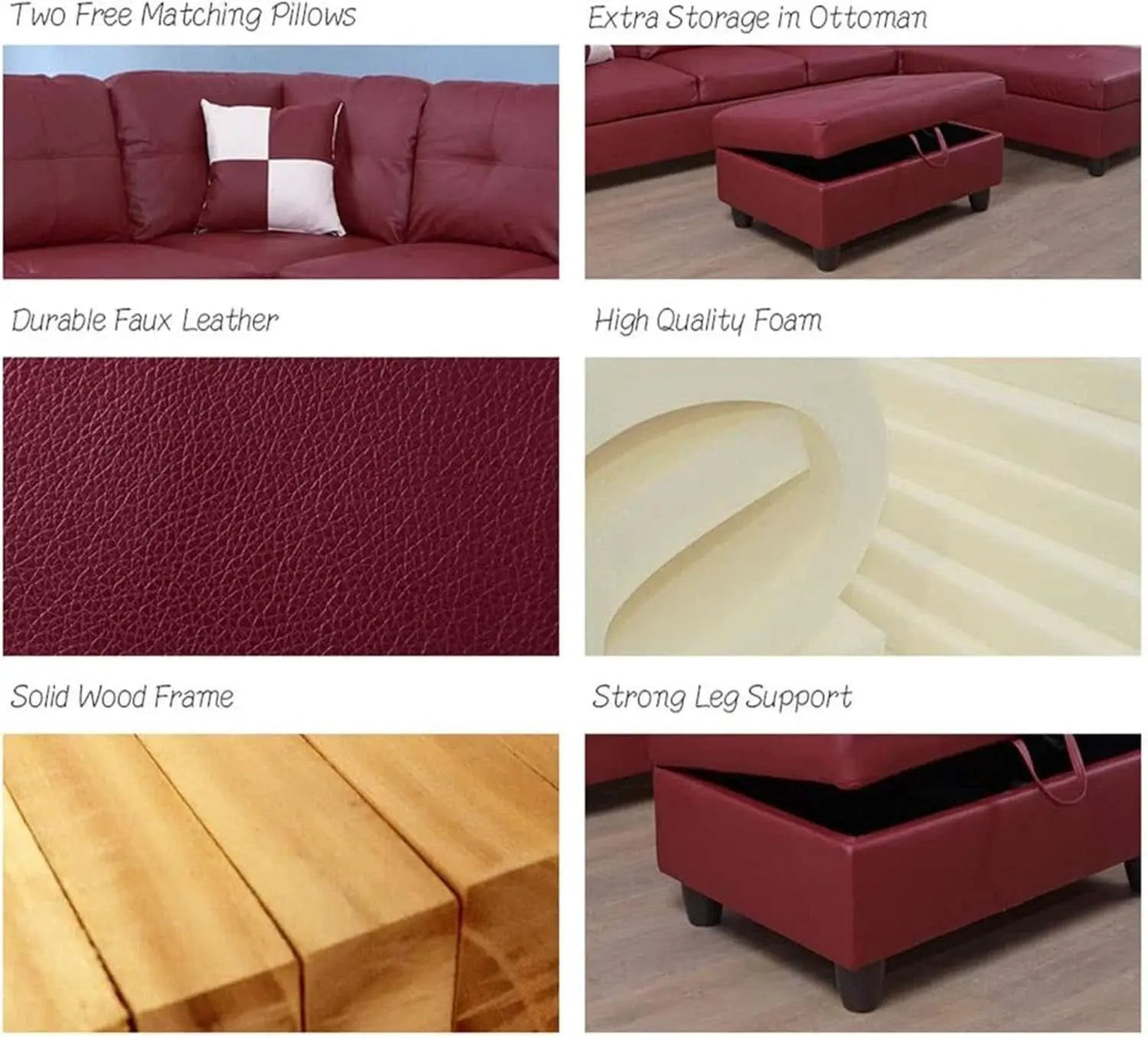 Sectional Sofa Faux Leather L Shaped 103.5 Inch Wide Red from PriceLows™