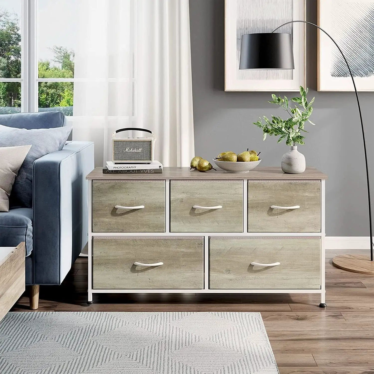 5 Drawer Wide Fabric Dresser Organizer With Wood Top from PriceLows™