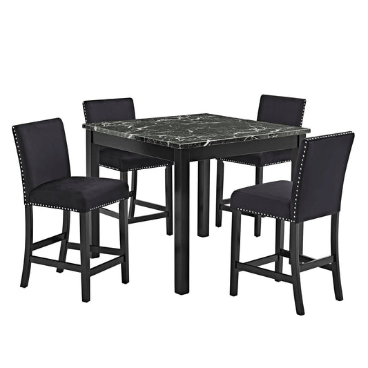 5 Piece Counter Height Dining Set With Table, Tufted Nail Head Chairs - | 5-Piece Set | Solid Wood & Faux Marble | Black