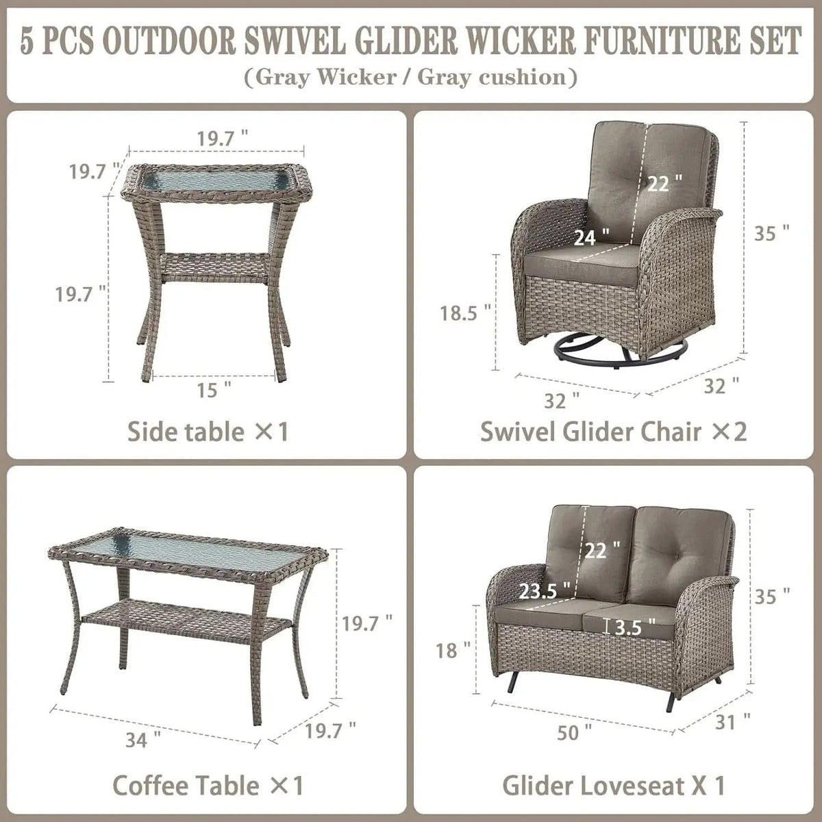 5 Piece Outdoor Patio Set Gray Wicker Swivel Rockers from PriceLows™