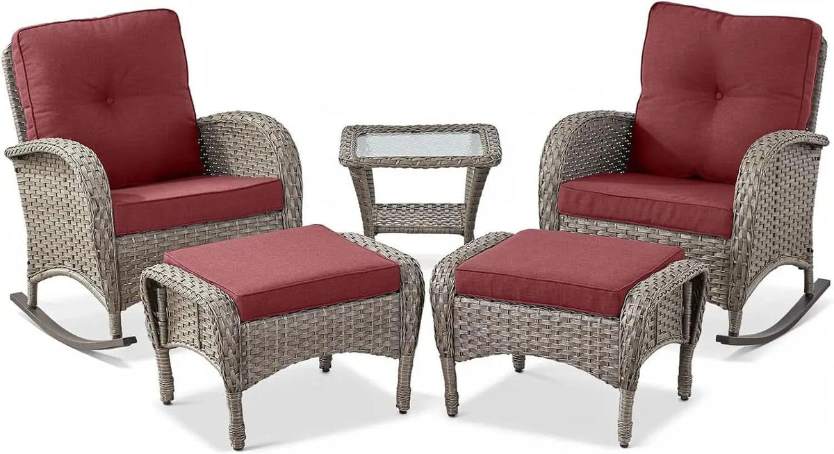 5 Piece Patio Rocking Chairs Set With Wicker Ottomans from PriceLows™