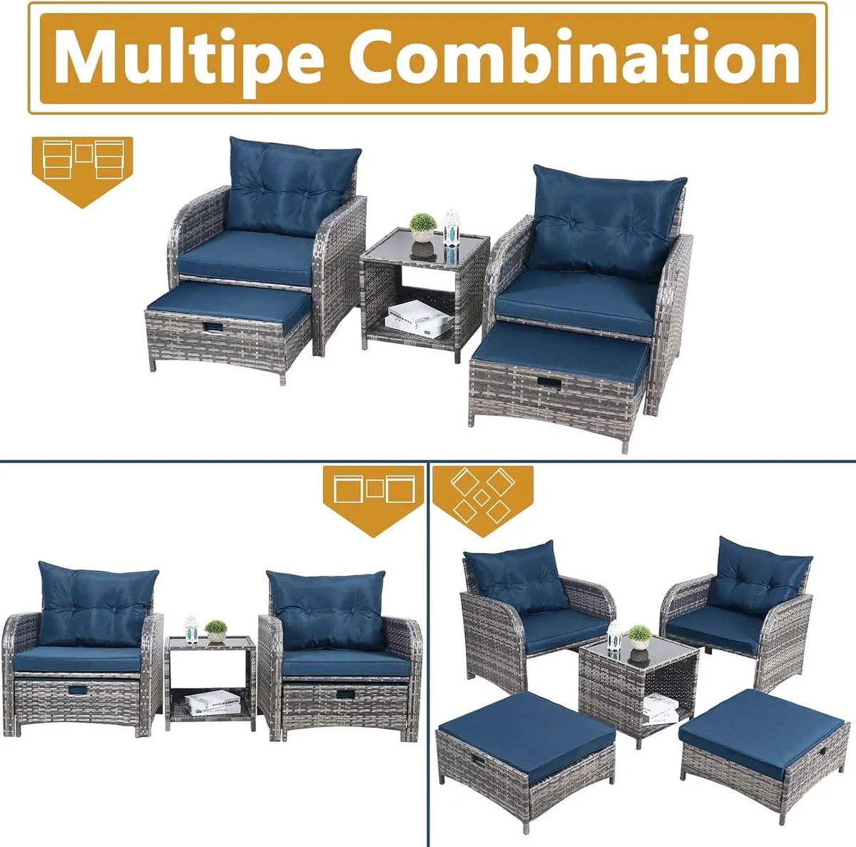 5 Pieces Wicker Outdoor Patio Chairs Set With Ottoman Blue from PriceLows™