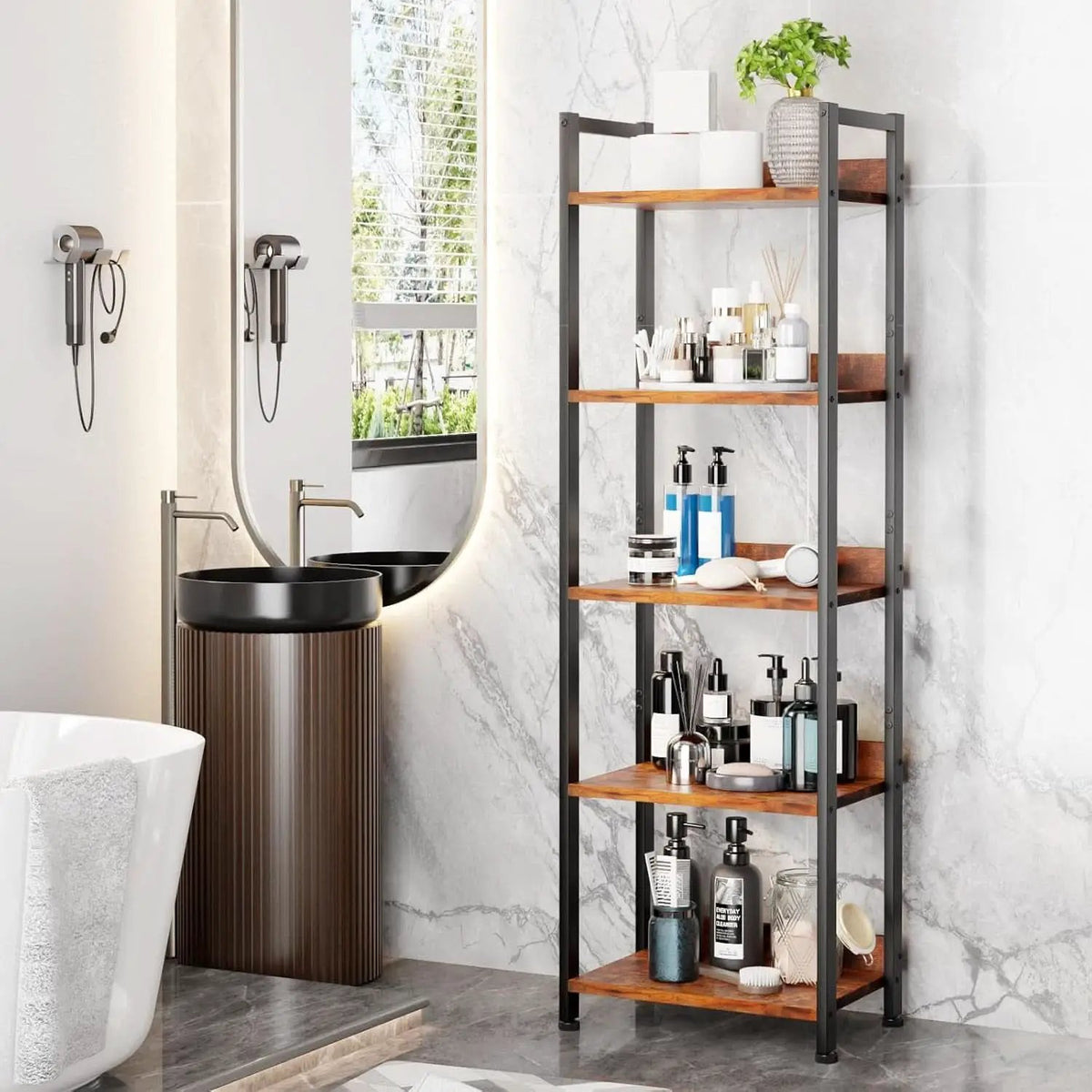 5 Tier Bookshelf With Drawer Tall Narrow Wood Bookcase from PriceLows™