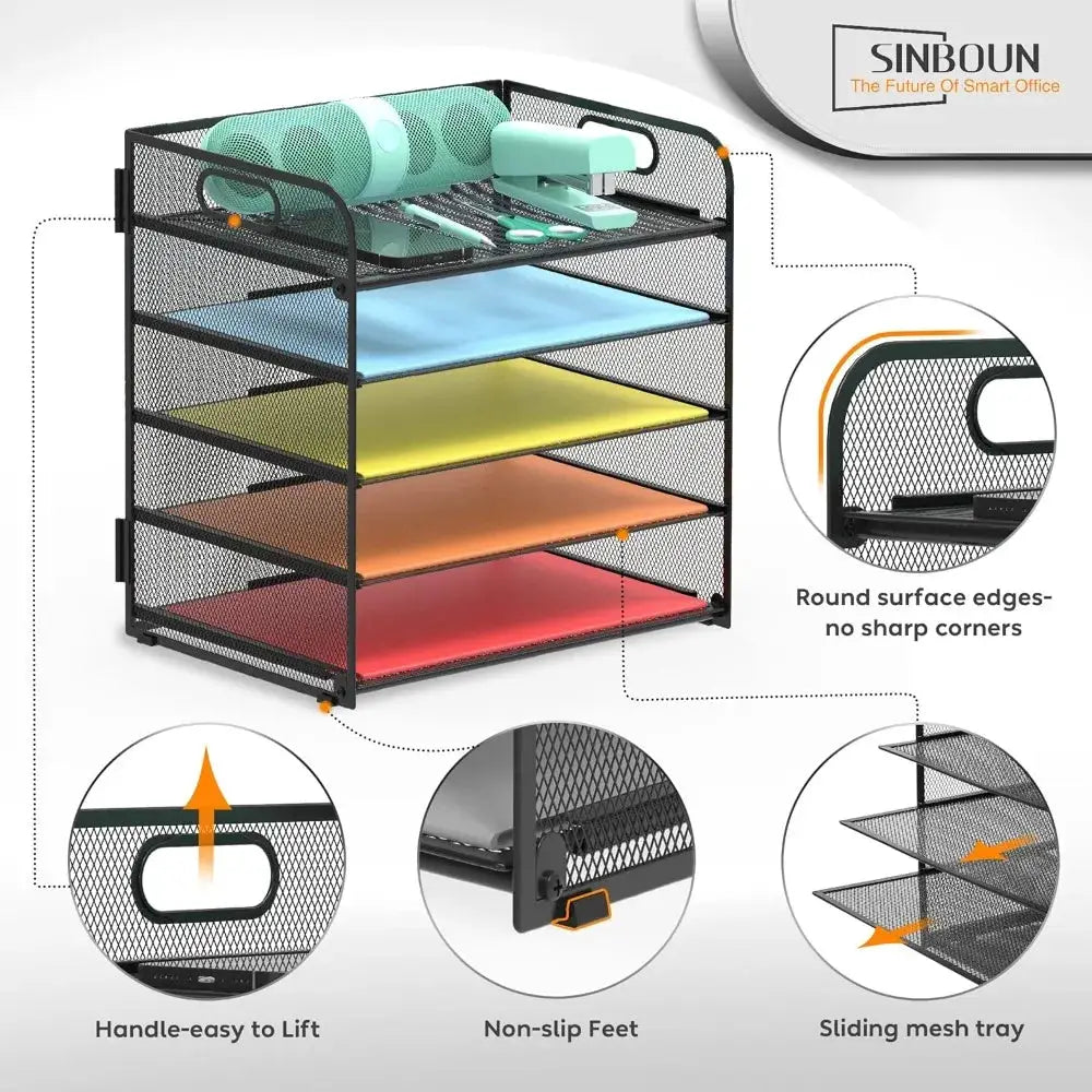 5-Tier Metal Letter Tray Paper Organizer | Desktop Document Shelf | With Handle from PriceLows™
