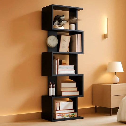 5 Tier S Shaped Bookcase Black Wood And Metal Livingroom from PriceLows™