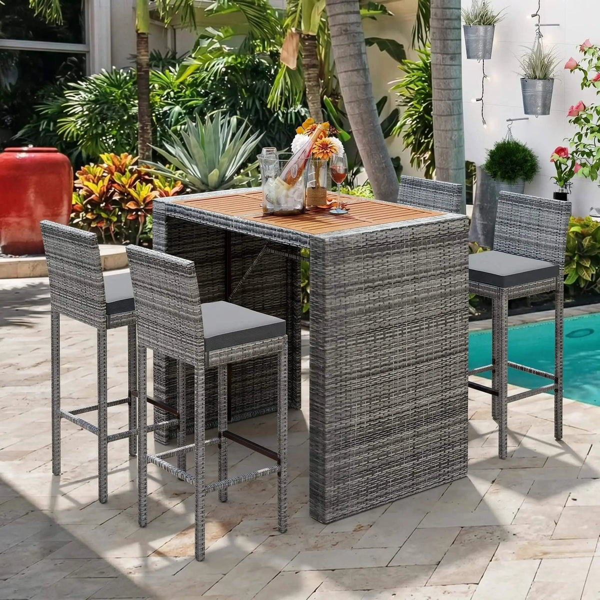 Wicker Patio Bar Set | 5-Piece Design | Acacia Wood Table | Cushioned Chairs