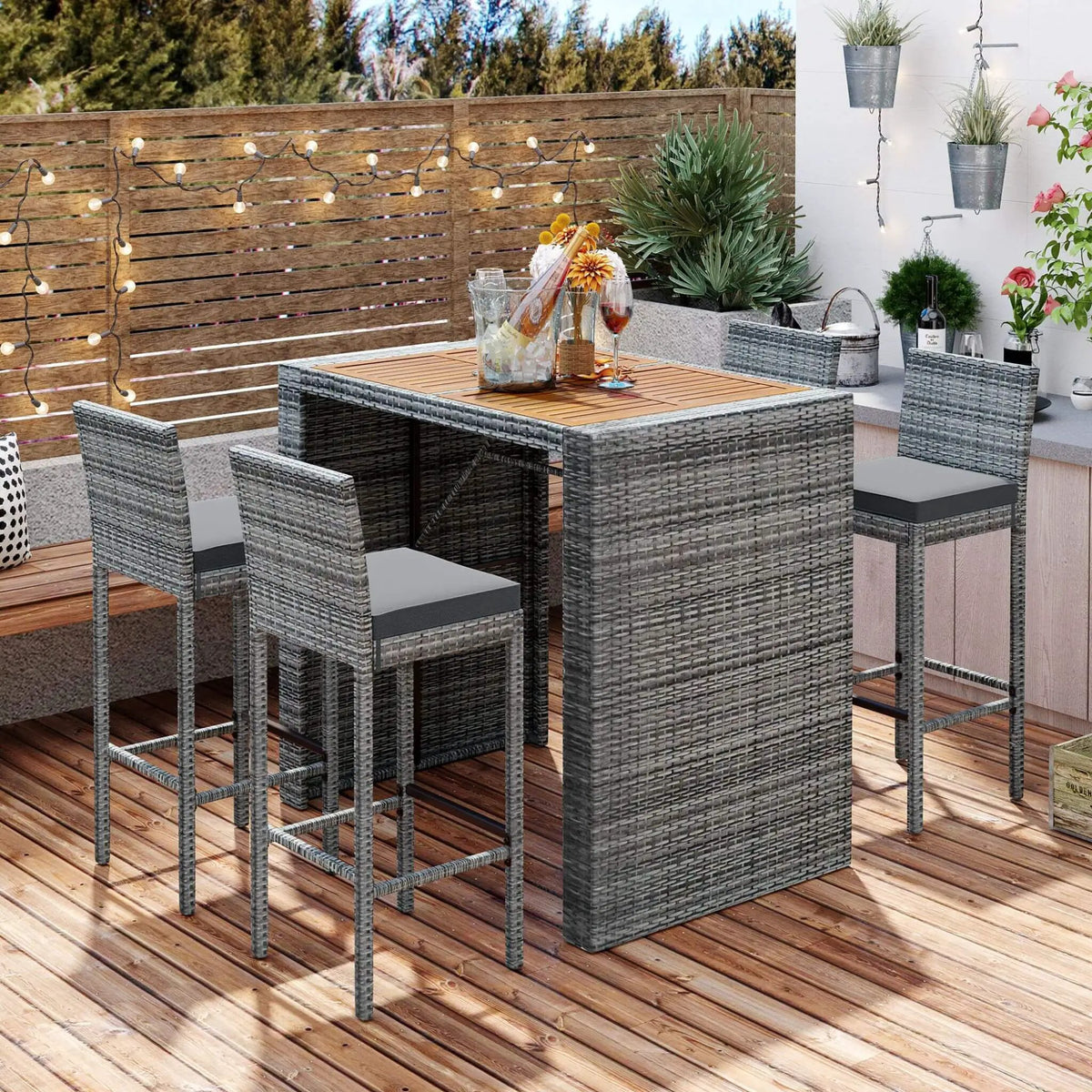 Wicker Patio Bar Set | 5-Piece Design | Acacia Wood Table | Cushioned Chairs