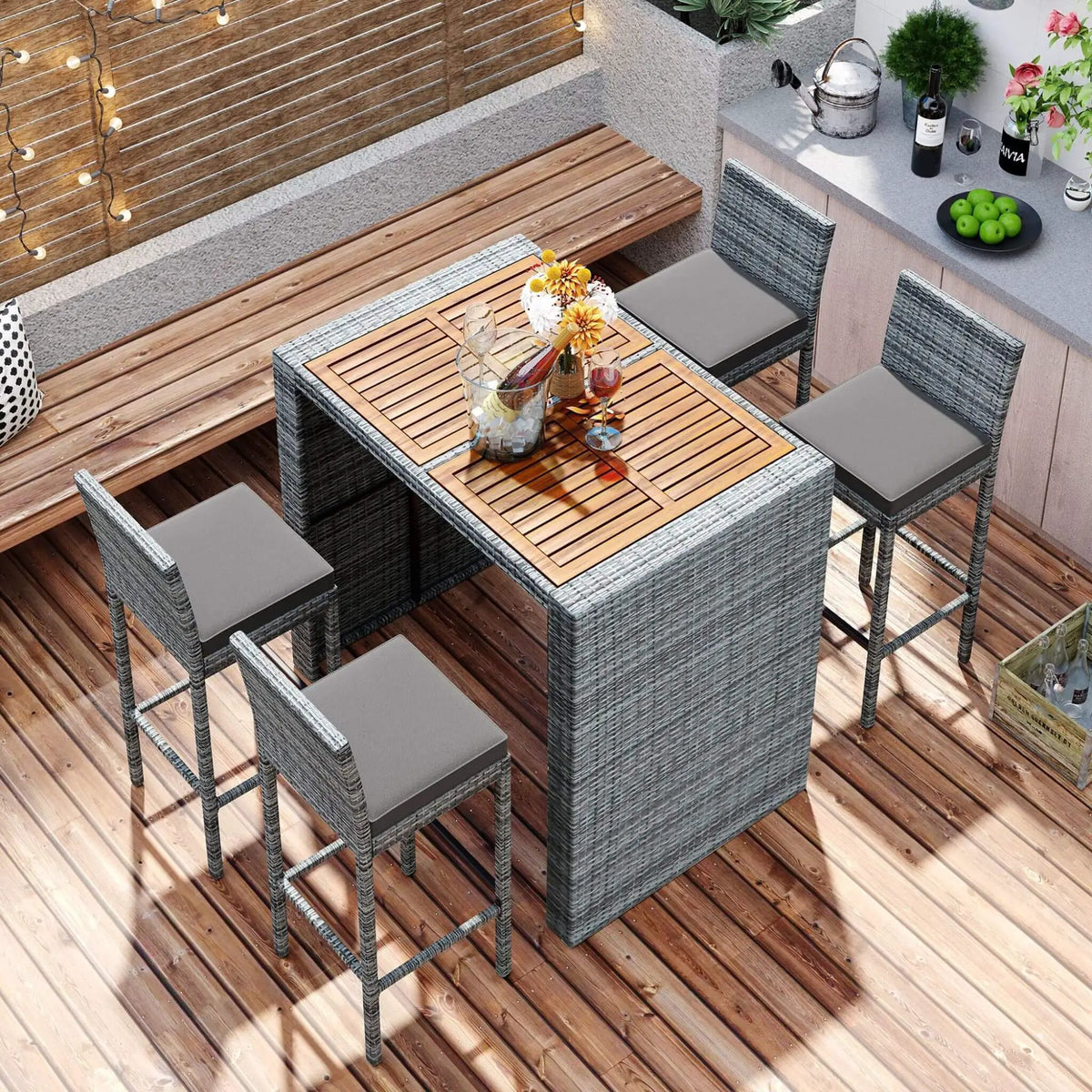 Wicker Patio Bar Set | 5-Piece Design | Acacia Wood Table | Cushioned Chairs