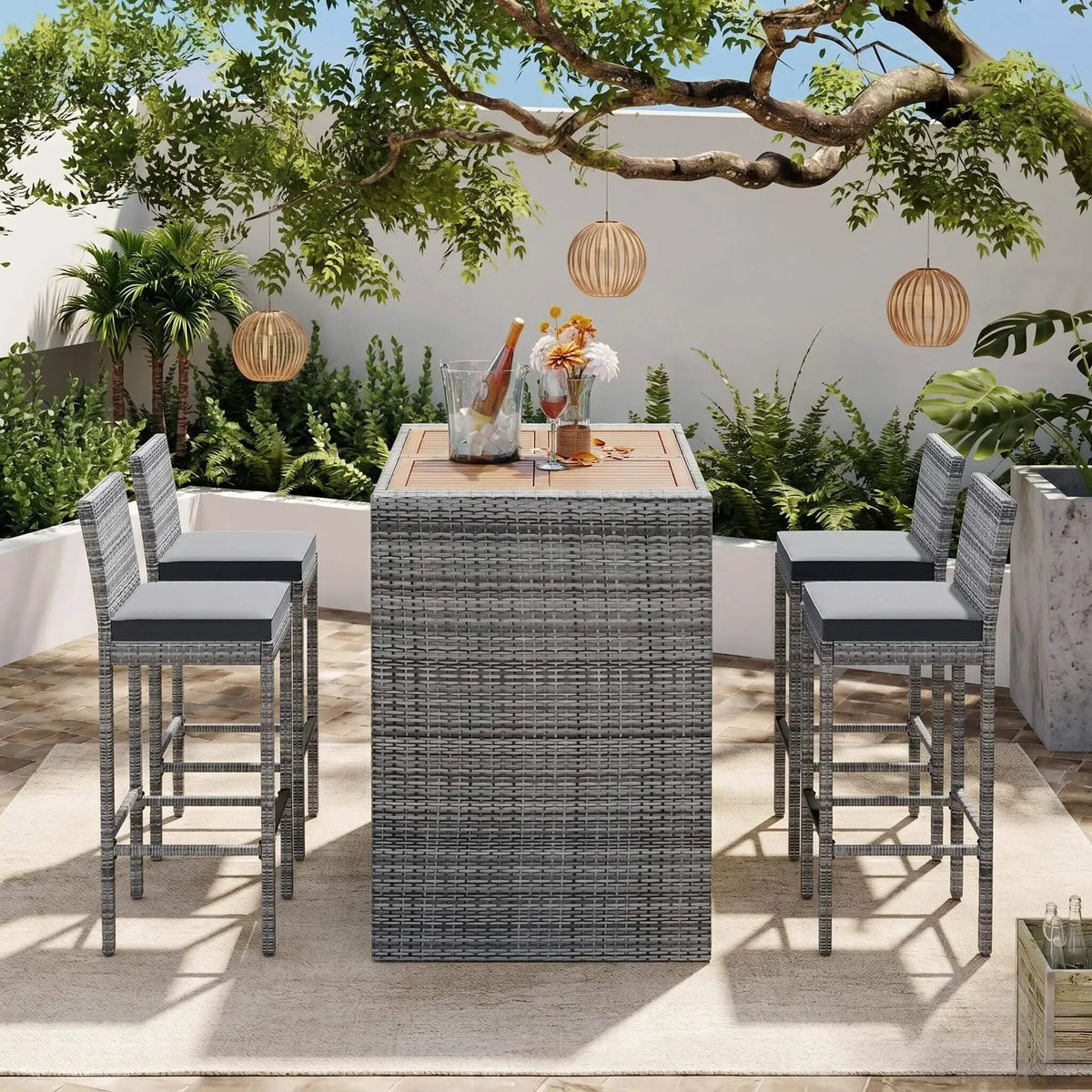 Wicker Patio Bar Set | 5-Piece Design | Acacia Wood Table | Cushioned Chairs