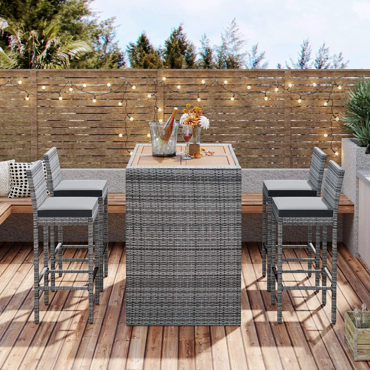 Wicker Patio Bar Set | 5-Piece Design | Acacia Wood Table | Cushioned Chairs