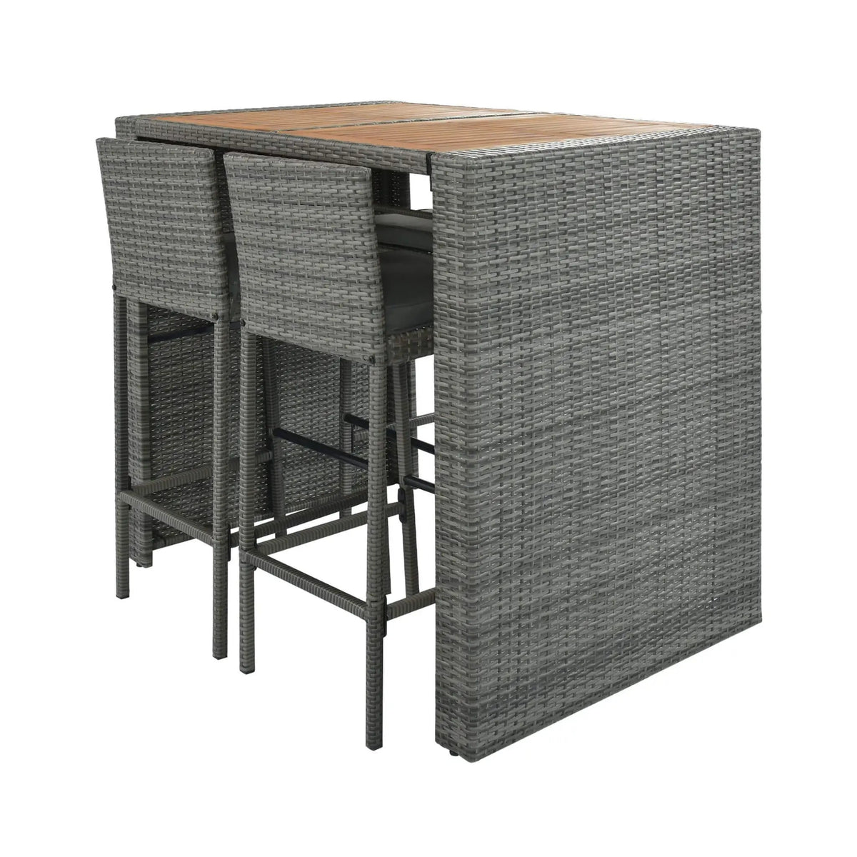 Wicker Patio Bar Set | 5-Piece Design | Acacia Wood Table | Cushioned Chairs