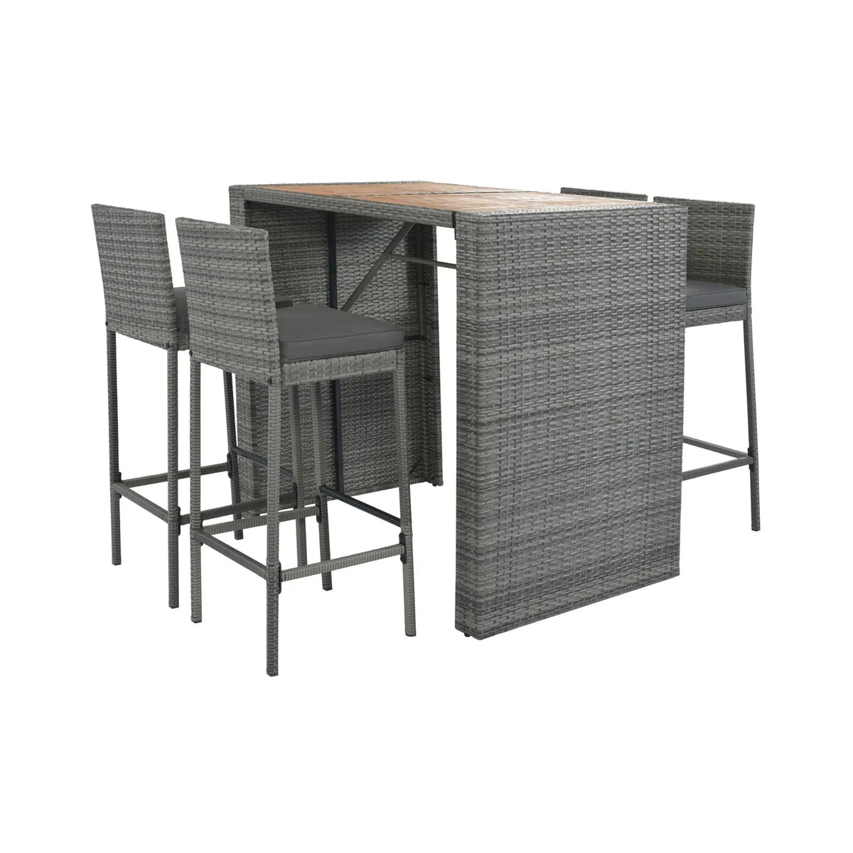 Wicker Patio Bar Set | 5-Piece Design | Acacia Wood Table | Cushioned Chairs