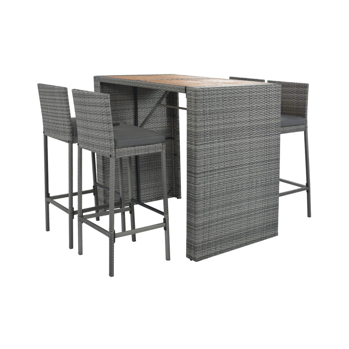 Wicker Patio Bar Set | 5-Piece Design | Acacia Wood Table | Cushioned Chairs