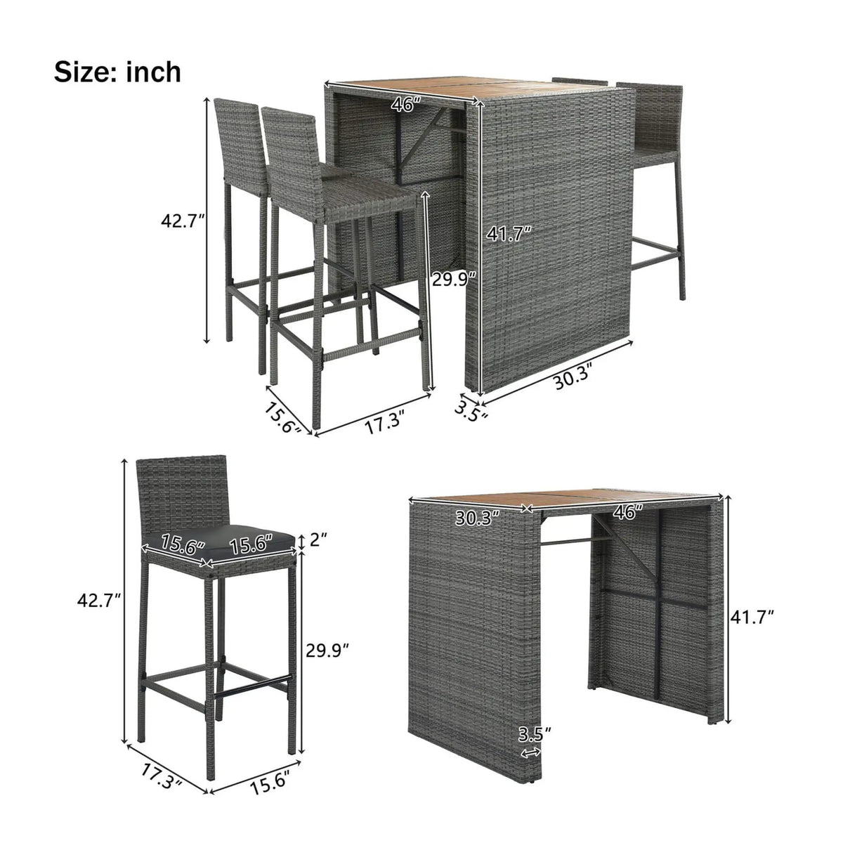 Wicker Patio Bar Set | 5-Piece Design | Acacia Wood Table | Cushioned Chairs