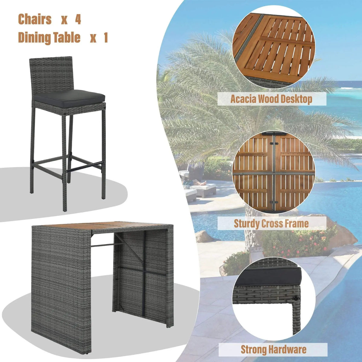 Wicker Patio Bar Set | 5-Piece Design | Acacia Wood Table | Cushioned Chairs