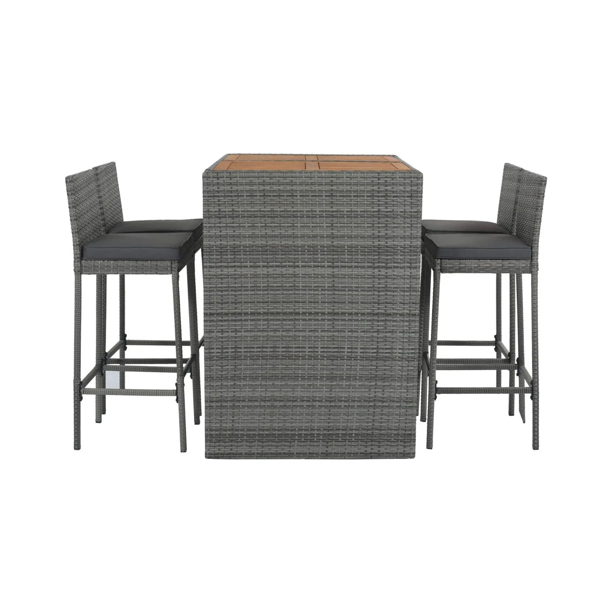 Wicker Patio Bar Set | 5-Piece Design | Acacia Wood Table | Cushioned Chairs