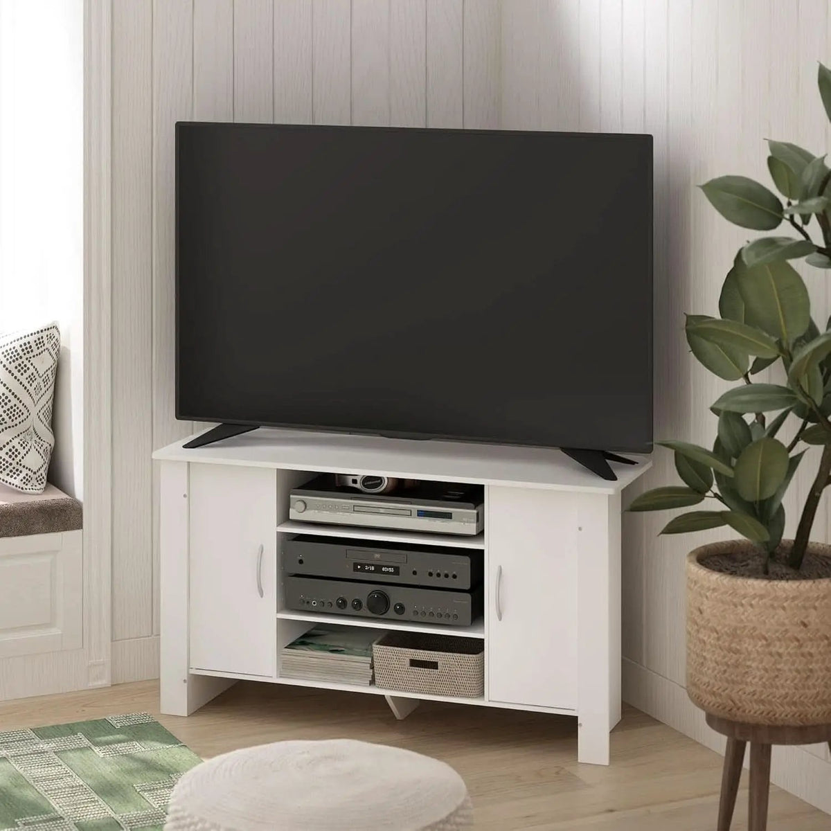 50 Inch White TV Stand With Concealed Storage And Shelves from PriceLows™