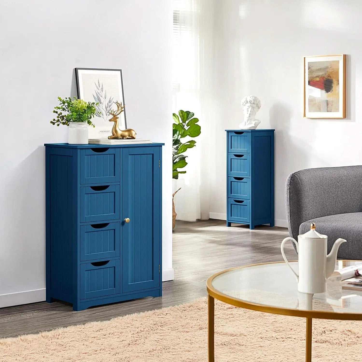 Navy Blue Wooden Bathroom Floor Cabinet With 4 Drawers And Cupboard from PriceLows™