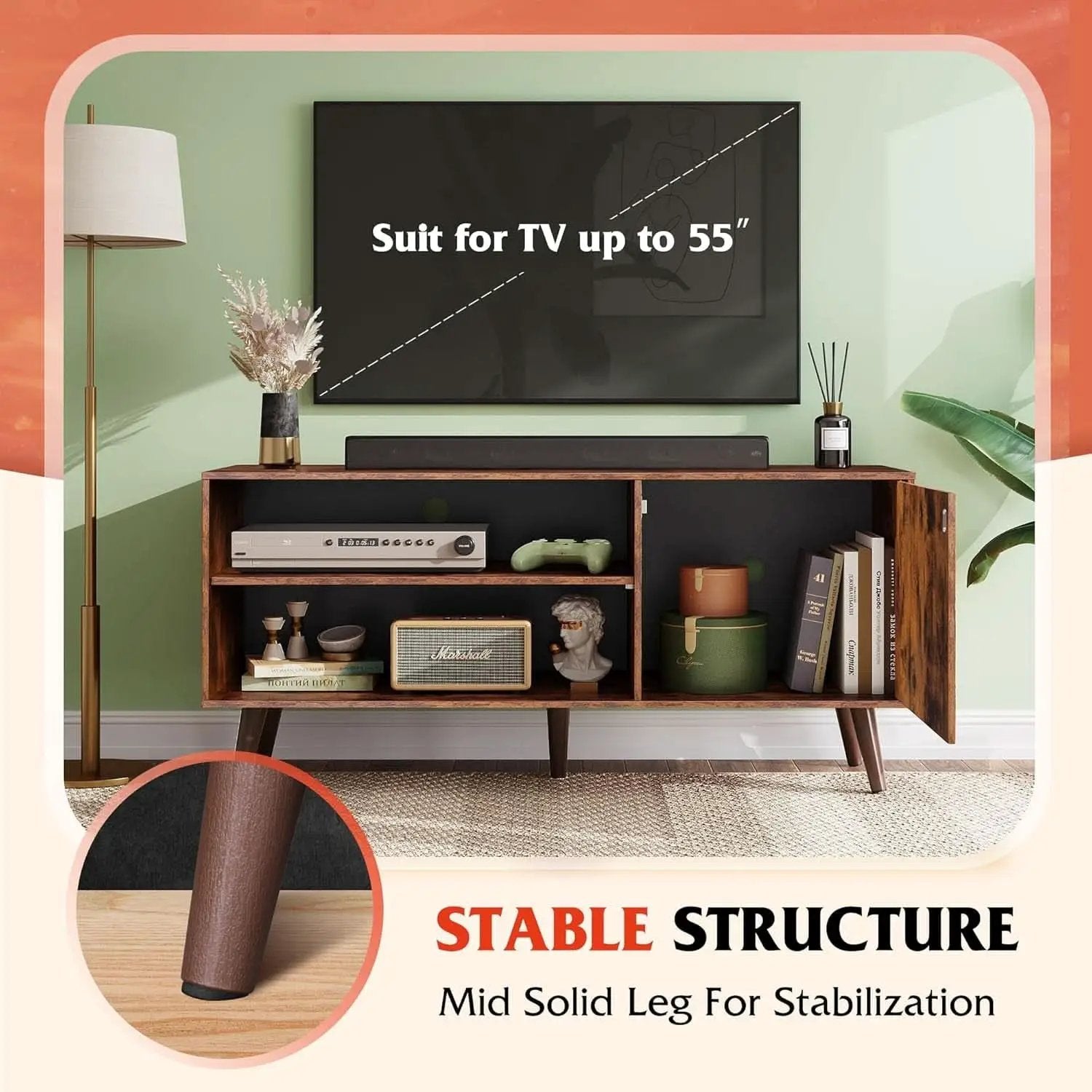 Mid Century TV Stand for 55 Inch TV Brown Wood Entertainment Center With Storage from PriceLows™