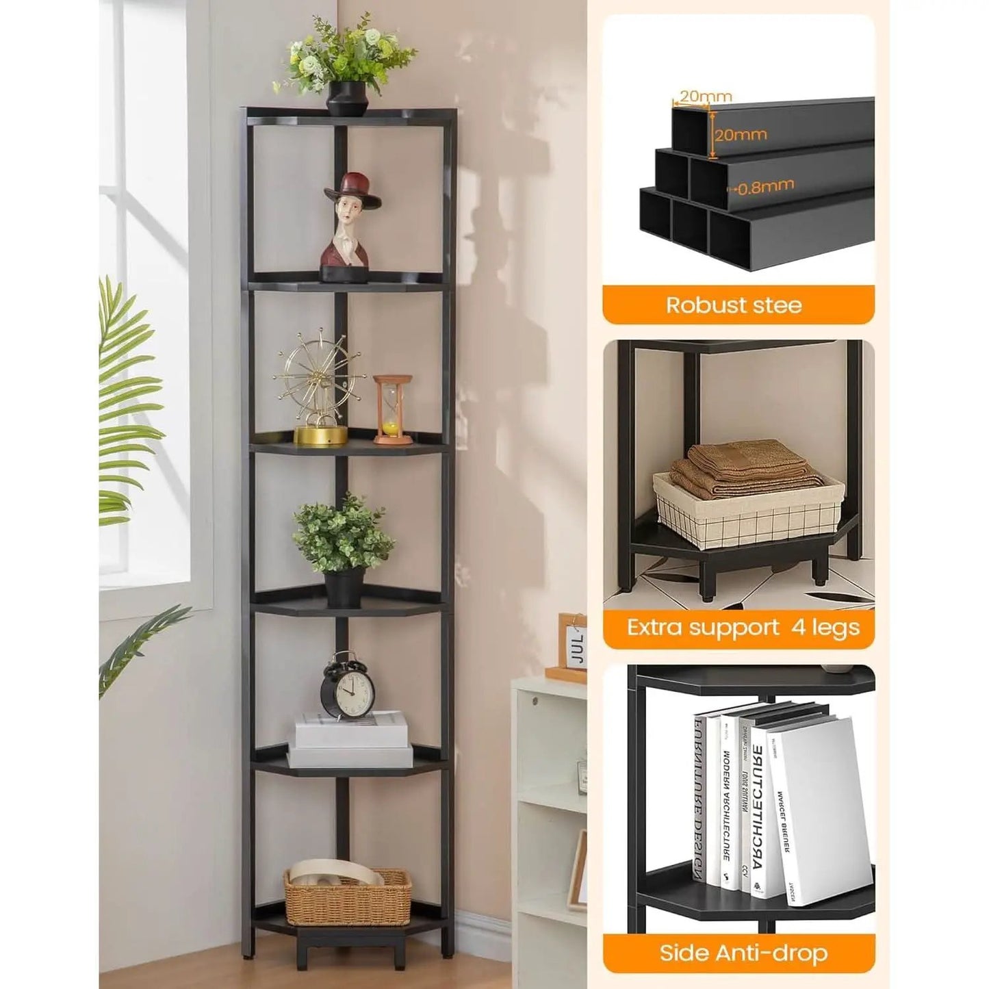 6 Tier Black Corner Shelf Stand Bookshelf For Living Room