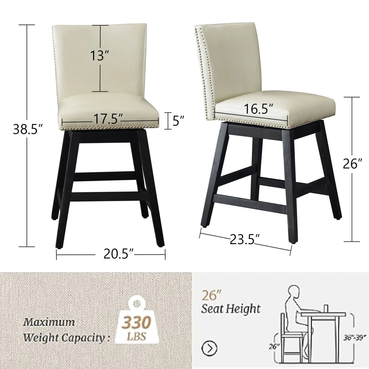 Upholstered Bar Stools | High Back Swivel | Durable PU Leather | Set Two Cream
