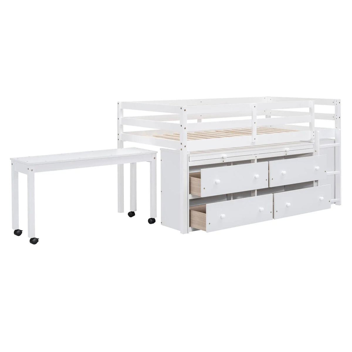 Loft Bed With Retractable Desk | 4 Front Drawers | Lateral Portable Desk | Side Shelves