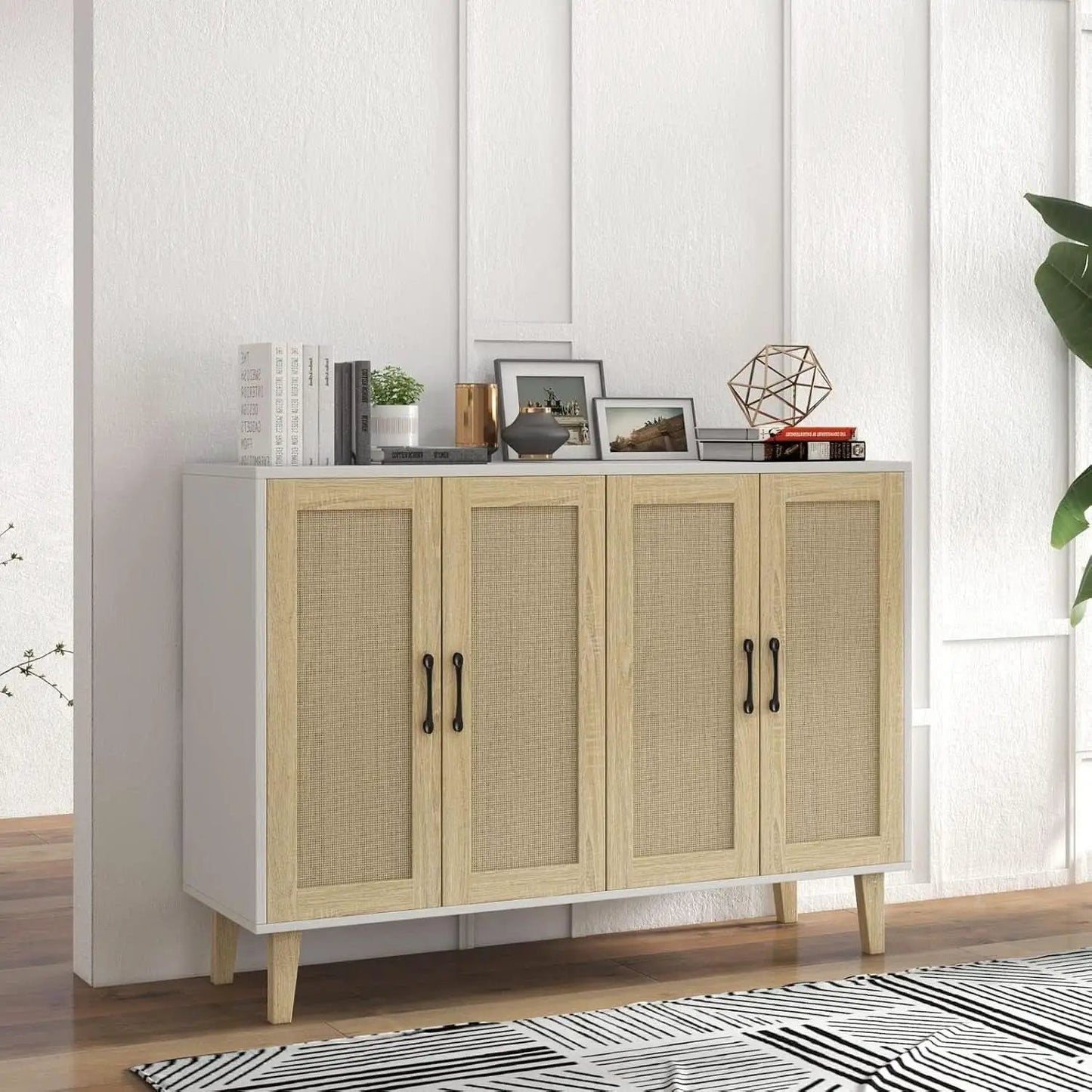 Buffet Storage Cabinet White Rattan Decor 4 Doors 48 Inch from PriceLows™