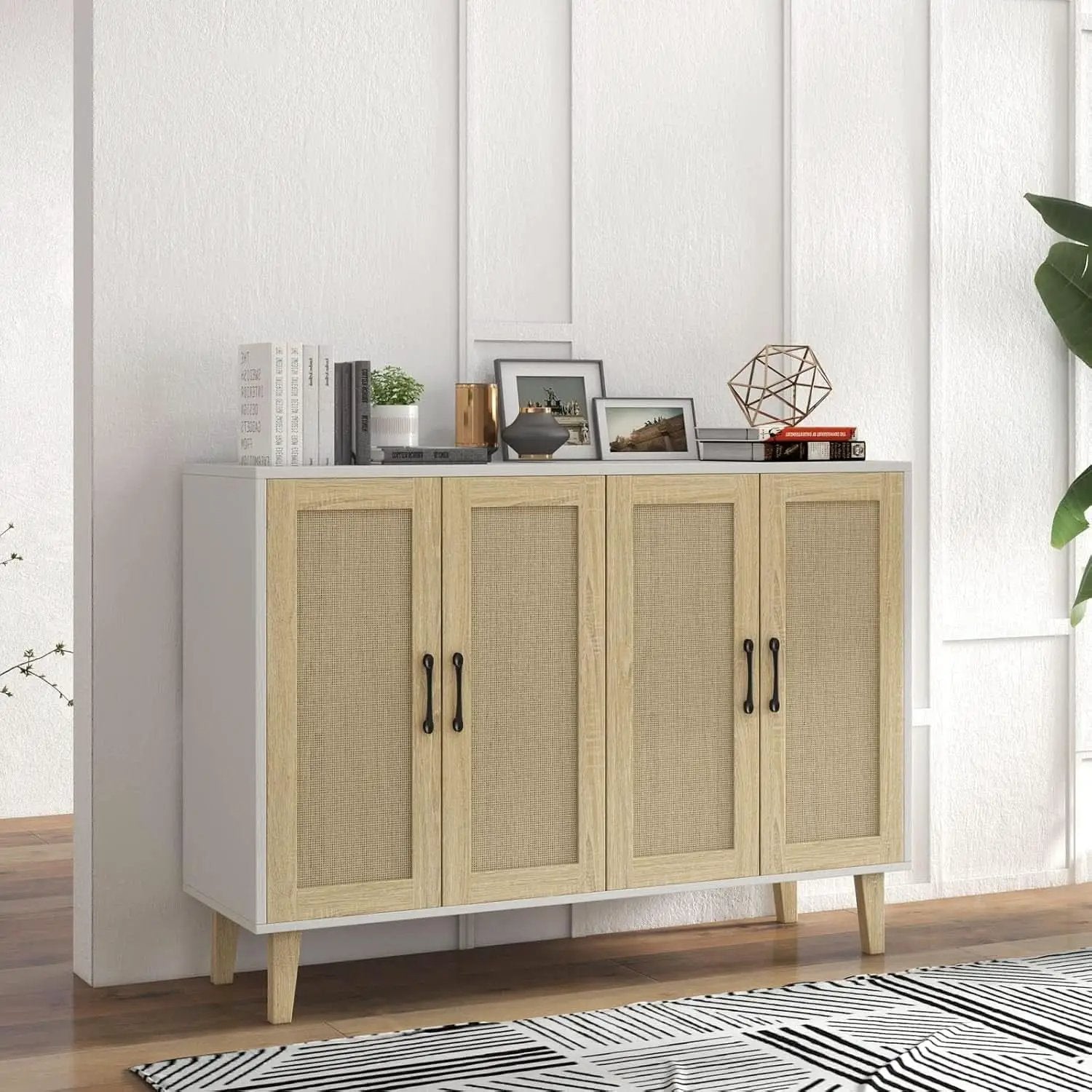Buffet Storage Cabinet White Rattan Decor 4 Doors 48 Inch from PriceLows™