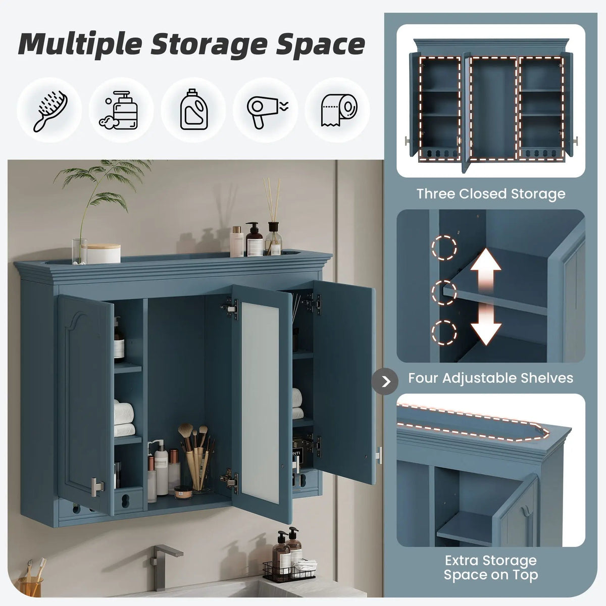 Wall Mount Mirror Cabinet | Adjustable Shelves | Soft Closing Hinges