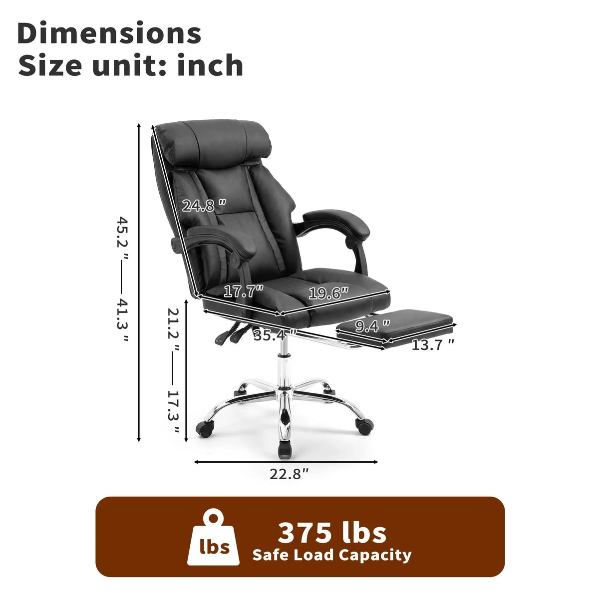 Executive Office Chair With Footrest | Adjustable Height | Reclining 135 Degree Tilt | Black