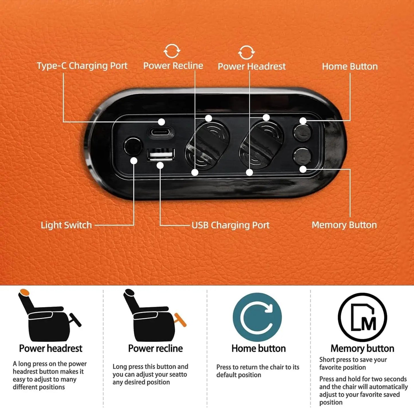 Orange Top Grain Leather Home Theater Seating Row Of Three USB Charger from PriceLows™