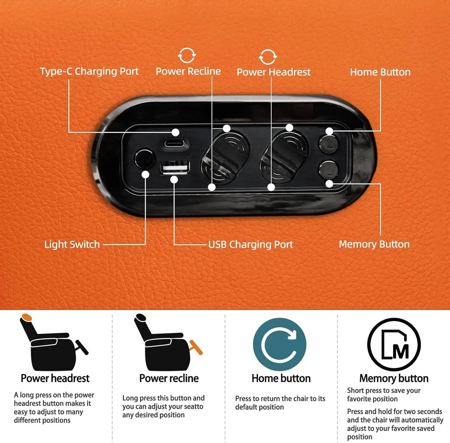 Orange Top Grain Leather Home Theater Seating Row Of Three USB Charger from PriceLows™