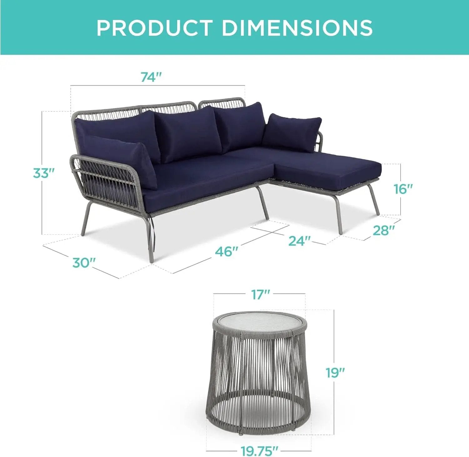 Outdoor Rope Woven Sectional Sofa Gray Navy Cushions from PriceLows™
