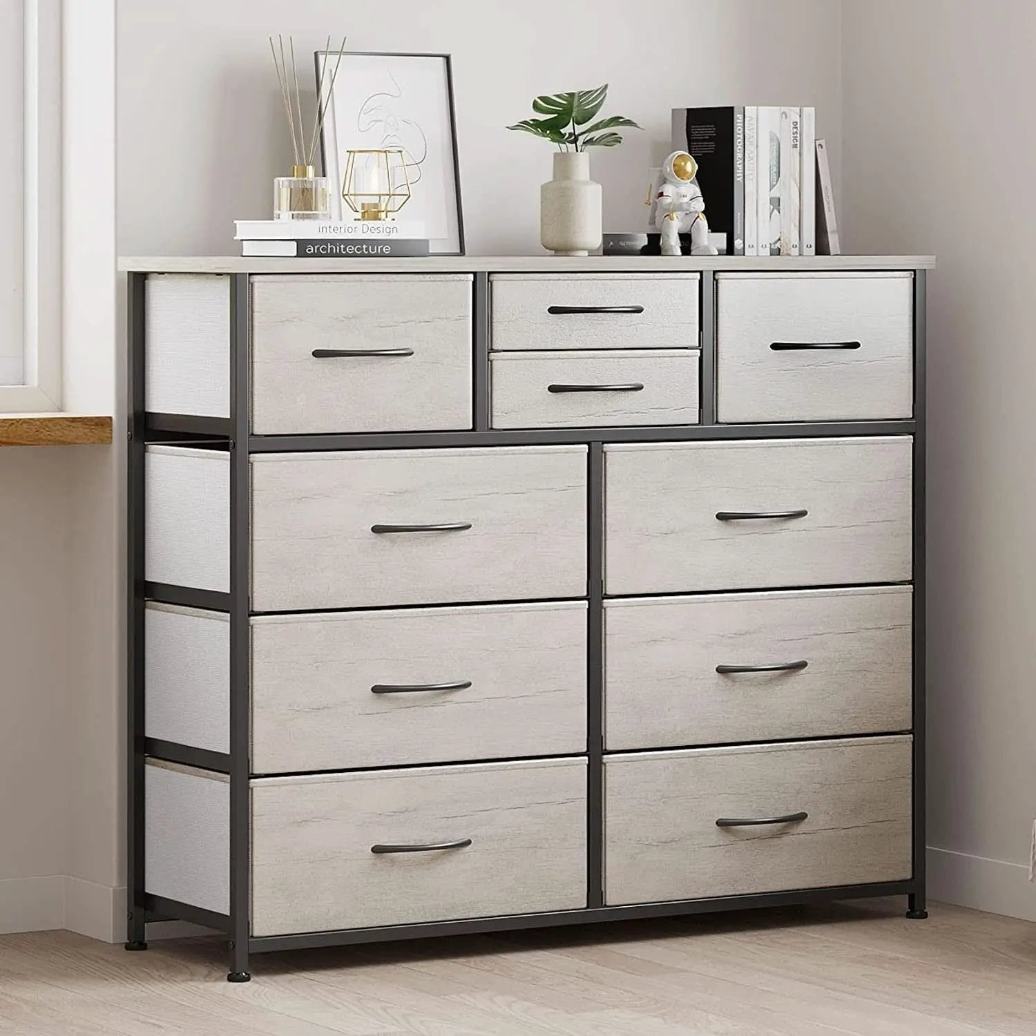 Grey 4 Drawer Dresser With Wood Top And Nightstand from PriceLows™