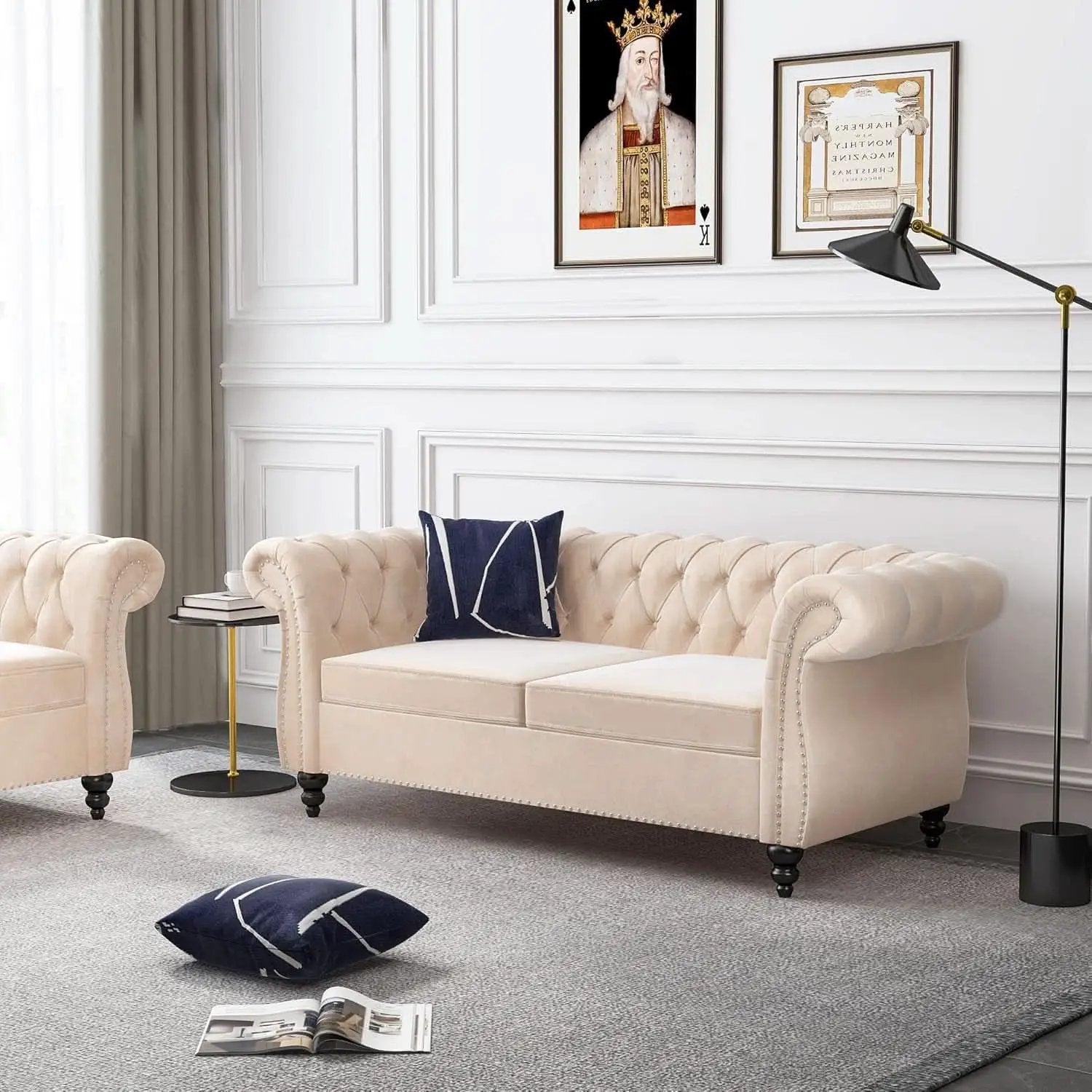 Beige Velvet Sectional Sofa Set With Button Tufting from PriceLows™