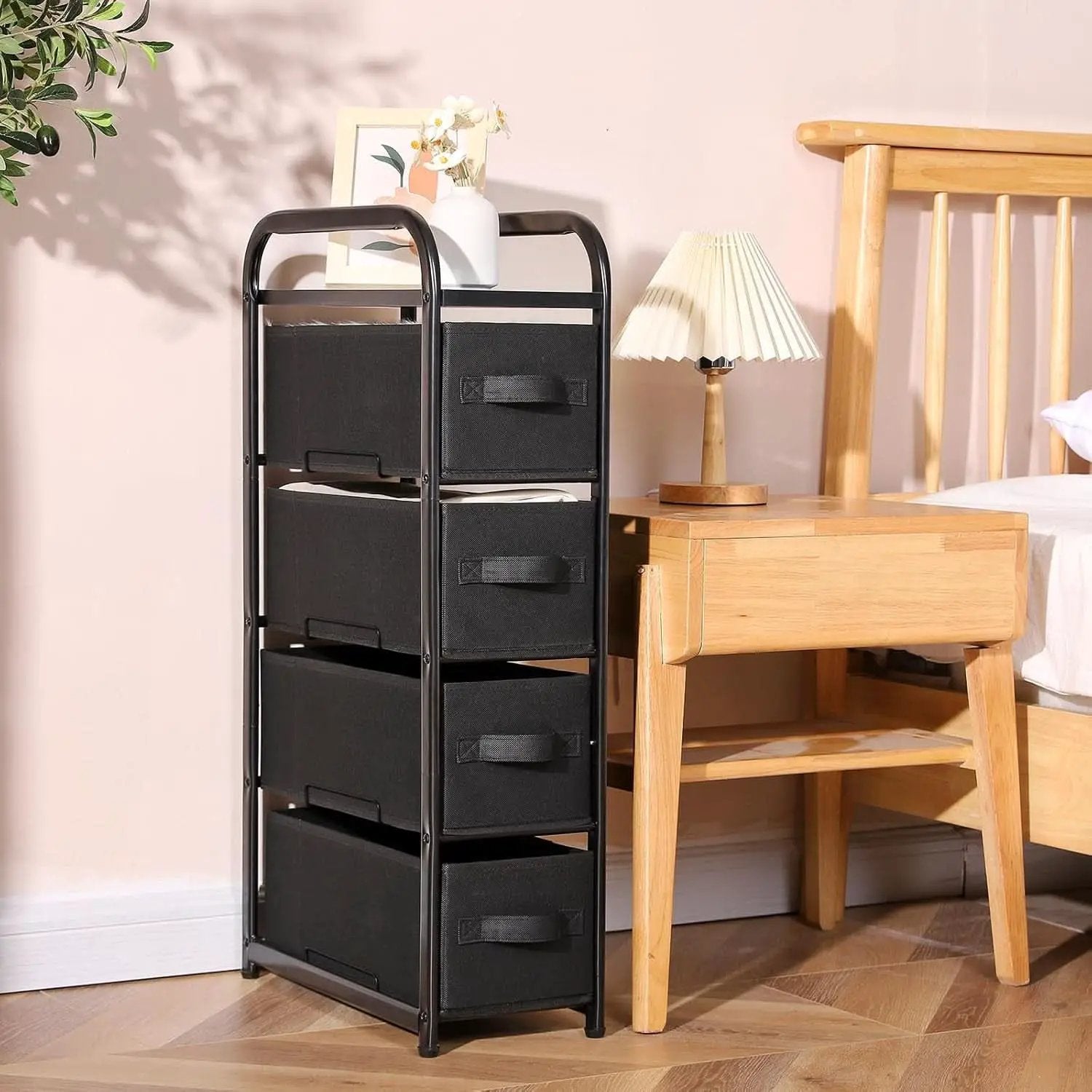 4 Drawer Narrow Fabric Dresser Storage Tower With Wood Top Black from PriceLows™