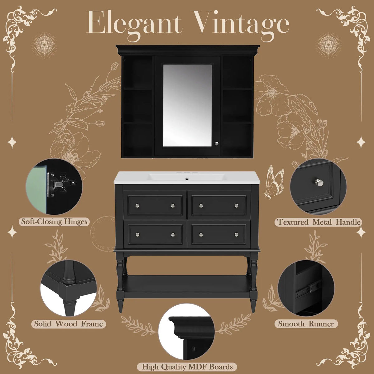 Bathroom Vanity With Medicine Cabinet | 4 Extension Drawers | Adjustable Shelf Mirror | Solid Wood Frame