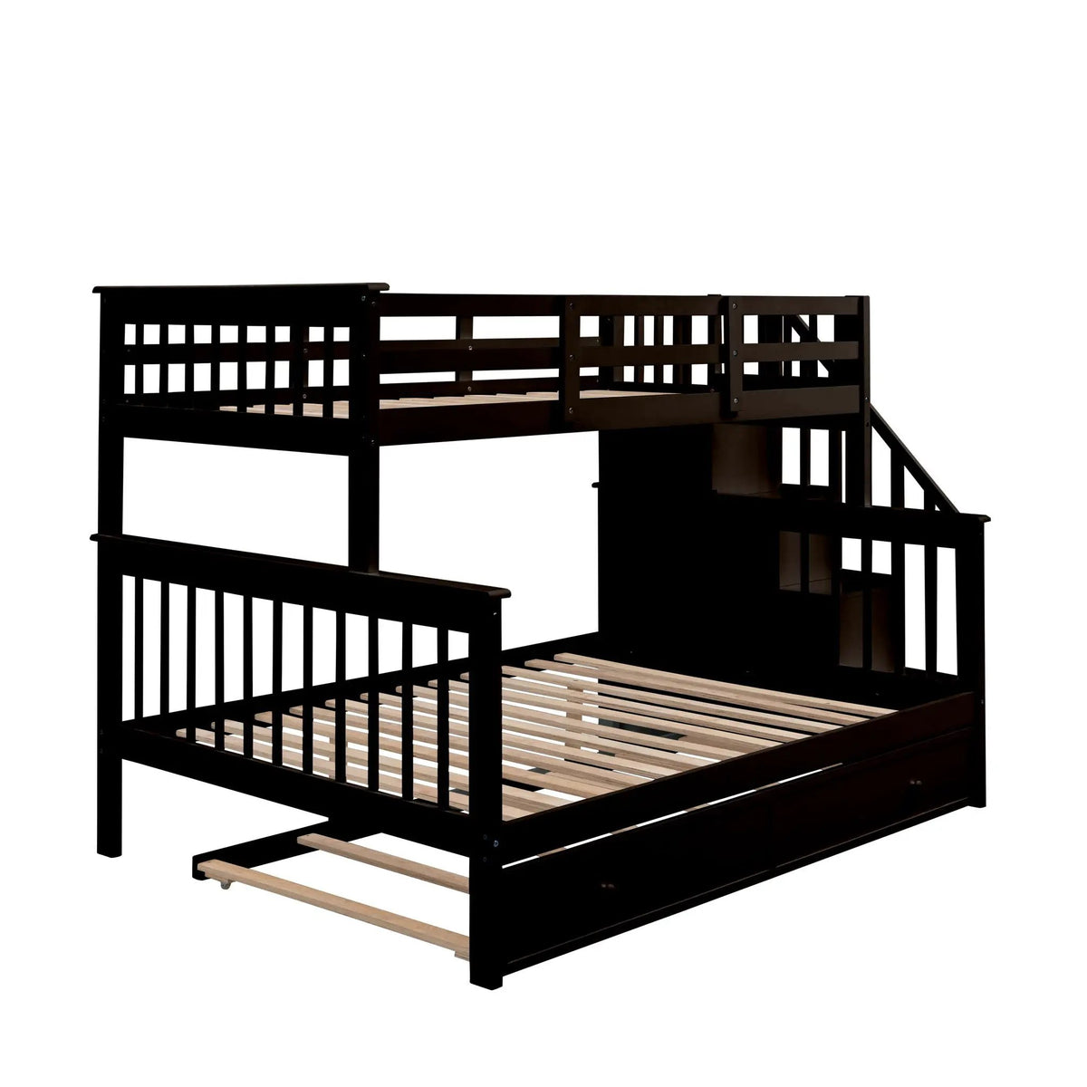 Twin Bunk Bed With Trundle | Hidden Stair Storage | Guard Rail | Bedroom Furniture