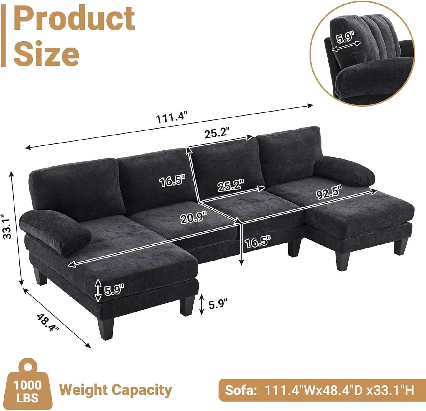 110 Inch U Shaped Sectional Couch For Living Room With Double Chaise In Chenille Fabric Black from PriceLows™