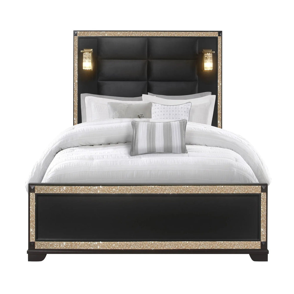 Panel Bed With Lamps | Glitter Detail | Low Profile | Durable Wood Construction