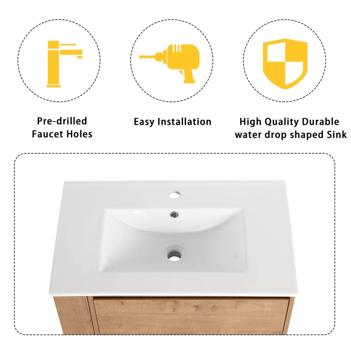 Modern Wall Mounted Bathroom Vanity With Ceramic Sink And Storage Rack, 2 Soft Close | 2 Pieces | Ceramic & Plywood | Bathroom