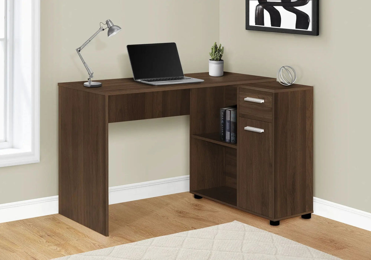 L-Shaped Industrial Desk | 46 Inch Width | Wood-Look Finish | Open And Closed Storage